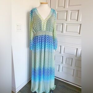 NWT Jessica Simpson Maxi Dress Ombré Blue & Green Long Sleeve Size 12